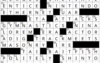 A completed June crossword solutions grid, 15 by 15 squares, showcases answers like FAIR, NINTENDO, ATTACK, ACTOR, MASONRY, POLITELY, and TRIASSIC filled in among others.